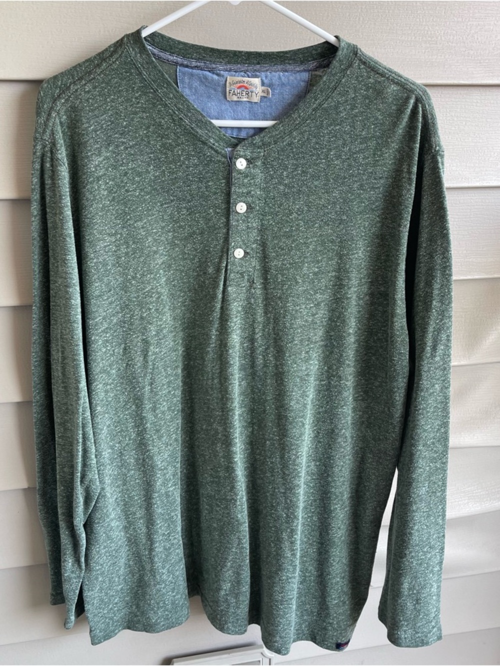 Faherty Henley Shirt Mens XL Hunter Green Heather Long‎ Sleeve Cotton Slub Shirt